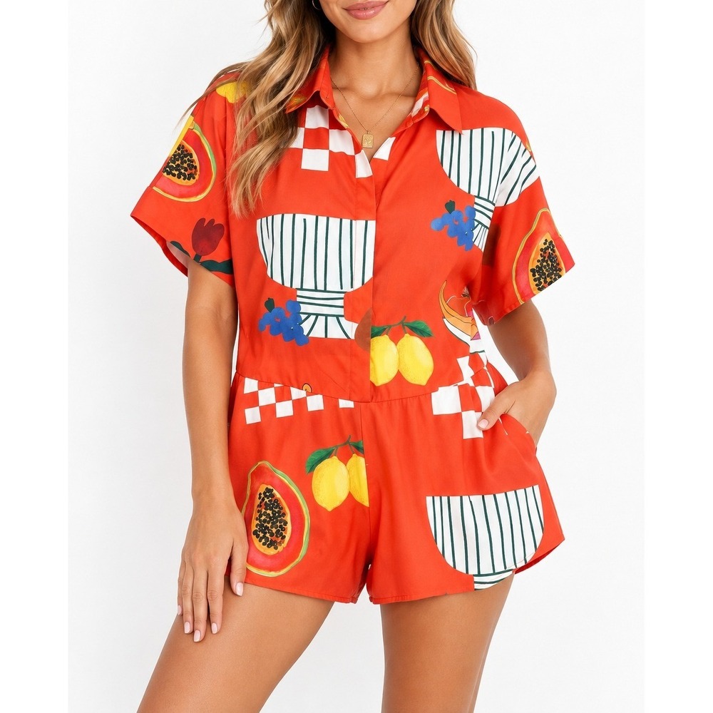 Petal + Pup Women Sebastian Orange Print Button Up Romper Medium Papaya Lemon